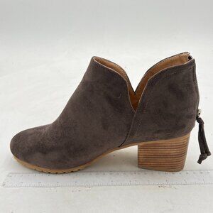 YDN Grey Stacked Mid Heel Almond Toe Block Low Heel V Cut Back Zip Ankle Boot